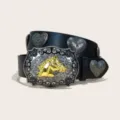 Western cowboy style black PU leather belt with ornate gold horse buckle and silver rivets. - Style E-02 Black Belt (Heart Rivet) / Size S-105cm / Silver Buckle