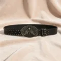 Cintura in pelle nera stile punk rock con fibbia teschio falena bronzo e borchie metallo - Taglia S (105cm) / Stile Rilievo Testa di Falena (Tipo F)