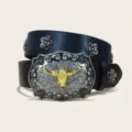 Western cowboy style black PU leather belt with a silver buckle, gold bull head and floral rivets. - Style F-01 Black Belt (Flower Rivet) / Size S-105cm / Silver Buckle