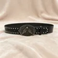 Cintura in pelle nera punk rock con doppie borchie metalliche e fibbia teschio falena bronzo - Taglia S (105cm) / Stile Rilievo Testa di Falena (Tipo F)