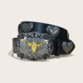 Western cowboy style PU leather belt with large ornate metal oval buckle and golden bull head. - Style F-02 Black Belt (Heart Rivet) / Size S-105cm / Silver Buckle