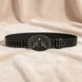 Cintura in pelle nera stile punk con borchie e fibbia teschio di falena per look rock hip hop - Taglia S (105cm) / Stile Rilievo Testa di Falena (Tipo F)
