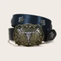 Western style cowboy PU leather belt with vintage floral metal buckle and rivets for women. - Style F-01 Black Belt (Flower Rivet) / Size S-105cm / Gold Buttons