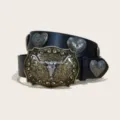 Black PU leather Western cowboy style belt with bull skull buckle and heart conchos. - Style F-012 Black Belt (Heart Rivet) / Size S-105cm / Gold Buttons