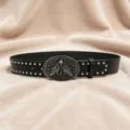 Cintura in pelle nera punk gotica con borchie argentate e grande fibbia con teschio di falena. - Taglia S (105cm) / Stile Rilievo Testa di Falena (Tipo F)