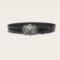 Retro vintage western style black leather belt featuring ornate bull skull buckle and metal studs. - Style F: 3.8cm Silver Buckle Black Belt with Silver Studs