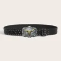 Vintage Western Style Bull Skull Buckle Studded Black Leather Belt Retro Variant - Style F: 3.8cm Silver Buckle Black Belt with Gunmetal Studs [3 Leather Loops]