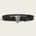 Punk wasteland style black leather belt with metal studs and vintage animal skull buckle for jeans. - Size M - 115cm / Style A: 3.8cm Gold Buckle + Black Studded Belt [Three Leather Loops]