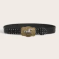 Vintage Wasteland Style Black Leather Belt with Horse Buckle Punk Studded Strap - Size M - 115cm / Style G: 3.8cm Gold Buckle & Black Gunmetal Studded Belt [Three Leather Loops]