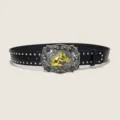 Western cowboy style vintage black leather belt with ornate metal stud and bold horse buckle. - Style K: 3.8cm Silver Buckle + Black Studded Belt with Silver Rivets