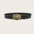 Vintage wasteland style black leather belt featuring silver studs and a classic horse buckle. - Size M - 115cm / Style G: 3.8cm Gold Buckle & Black Silver Studded Belt