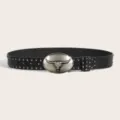 Black leather belt featuring metal bull skull buckle and punk stud details for trendy retro outfits. - Size M - 115cm / Style B: 3.8cm Silver Buckle Black Belt with Gunmetal Studs [3 Leather Loops]
