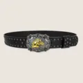 Black western cowboy retro leather belt with gold horse metal buckle and studs for women variant - Style K: 3.8cm Silver Buckle & Black Studded Belt (Three Leather Loops)