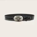 Retro wasteland style black leather belt with vintage metal bull skull buckle and stud details. - Style B: 3.8cm Silver Buckle Black Belt with Silver Studs