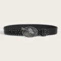 Vintage style black leather belt with antique silver horse head buckle and metal studs. - Style D: 3.8cm Silver Buckle Black Belt with Gunmetal Studs [3 Leather Loops]