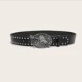 Vintage distressed horse head buckle black leather belt with metal studs for trendy denim jeans skirts. - Style D: 3.8cm Silver Buckle Black Belt with Silver Studs