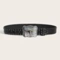 Vintage western bull buckle leather belt for men women retro waist belt variant style - Style E: 3.8cm Silver Buckle Black Belt with Gunmetal Studs [3 Leather Loops]