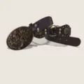 Ceinture en cuir marron rétro avec grande boucle métallique florale ornée et rivets femme - Modèle E : boucle bronze doré 4,5 cm + ceinture café