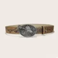Retro Western cowboy PU leather belt with unique metal horse buckle for men and women fashion. - Style A Silver Buckle / 105cm / Khaki