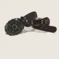 Ceinture de taille en cuir marron vintage avec boucle métal ornée et rivets chic. - Modèle F : boucle bronze doré 4,5 cm + ceinture café