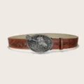 Vintage western cowboy PU leather belt with horse head buckle for men and women fashion - Style A Silver Buckle / 105cm / Brown