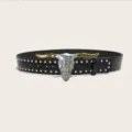 Retro Wasteland Style Black Leather Belt with Double Studs and Bull Skull Metal Buckle Variant - Style A: 3.8cm Gold Buckle + Black Studded Belt