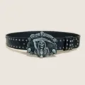 Punk style mens leather belt with metal skull buckle and cool gothic rivets for jeans. - Size M (115cm) / Style D (Grim Reaper) / Black Gunmetal Stud
