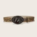 Vintage western cowboy PU leather belt featuring horse buckle and embossed bull skull motif. - Style B Silver Buckle / 105cm / Khaki