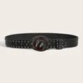 Vintage Black Leather Belt with Horse Head Buckle Metal Studs Retro Waistband for Jeans and Skirts - Style C: 3.8cm Silver Buckle Black Belt with Gunmetal Studs [3 Leather Loops]