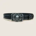 Punk style black leather belt with metal studs and a striking skull buckle for men. - Size M (115cm) / Style F (Flame Skull) / Black Gunmetal Stud