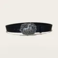 Western style black PU leather belt with silver horse buckle and floral embossed strap. - Style 4 (3.8cm Silver Buckle) / Black / 115cm