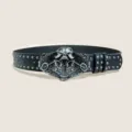 Punk style black leather belt featuring metal studs and a large skull motorcycle buckle. - Size M (115cm) / Style C (Motorcycle Skull) / Black Gunmetal Stud