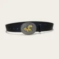 Western cowboy style black PU leather belt with gold horse buckle and floral embossed strap - Style 3 (3.8cm Silver Buckle) / Black / 115cm