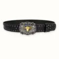 Black leather belt with gold bull head buckle and metal studs retro western style for jeans. - Style J: 3.8cm Silver Buckle & Black Studded Belt (Three Leather Loops)