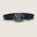 Punk style black leather belt with metal studs and skull Grim Reaper buckle for men. - Size M (115cm) / Style E (Snake Wrapped Skull) / Black Gunmetal Stud