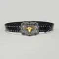Vintage bull head buckle leather belt with metal studs, retro waist accessory for women and men. - Style J: 3.8cm Silver Buckle & Black Silver Studded Belt