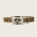 Vintage Western Cowboy PU Leather Belt with Bull Head Buckle Casual Retro Pants Belt - Style C Silver Buckle / 105cm / Khaki