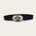 Western cowboy style bull head buckle PU leather belt with rose embossed dark blue design. - Style 14 (3.8cm Silver Buckle) / Black / 115cm