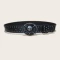 Men's Punk Style Black Leather Belt with Metal Skull Snake Buckle and Studs Jean Belt - Style A (Round Snake Skull)
