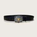 Western cowboy style bull head buckle PU leather belt, black rose embossed variant. - Style 6 (3.8cm Silver Buckle)