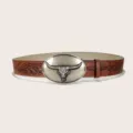 Vintage western cowboy bull skull buckle PU leather embossed belt for men women fashion - Style C Silver Buckle / 105cm / Brown