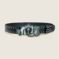 Punk style black leather belt with metal studs and unique skull dollar buckle for men. - Style G (Skull Holding Money)
