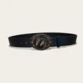 Western cowboy style embossed floral PU leather belt with oval double horse head metal buckle. - Style 15 (3.8cm Silver Buckle)