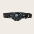 Punk style black leather belt featuring a detailed snake and skull metal buckle and metal studs. - Style A (Round Snake Skull)