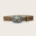 American retro western style cowboy bull buckle PU embossed belt for men and women - Style D Silver Buckle / 105cm / Khaki