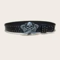 Men punk black leather belt with metal rivet and skull buckle, stylish jeans decorative accessory. - Style B (Cross Swords Skull)