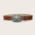 Vintage Western cowboy style PU leather belt with embossed floral pattern and bull skull metal buckle. - Style D Silver Buckle / 105cm / Brown