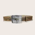 Western vintage bull buckle PU embossed leather belt, retro Y2K cowboy waist accessory - Style E Silver Buckle / 105cm / Khaki