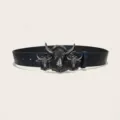 Western retro bull head buckle PU leather belt dark blue floral embossed fashion variant - Style 11 (3.8cm Silver Buckle)
