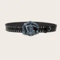 Punk style men black studded leather belt featuring gothic grim reaper skull metal buckle - Style E (Snake Wrapped Skull)
